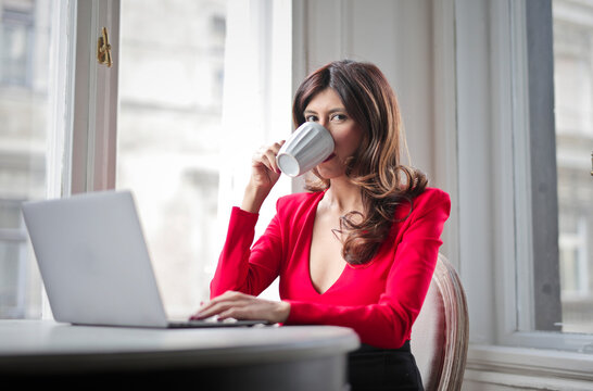 portrait of a young woman drinking tea and working on her computer
