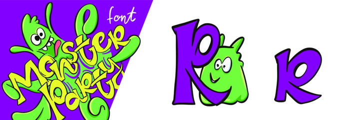 Letter R from the Monster party alphabet font. Large and small cartoon style letters set with cute monsters behind them for children, kindergarten, school, education, home party decor illustration