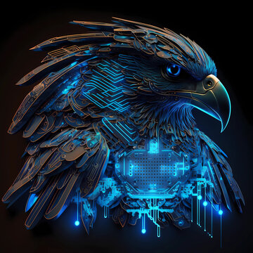 Illustration of Blue Eagle over screen with binary code	.
Perfect for technology logo or icon 