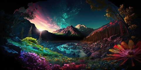 Fototapeta na wymiar Abstract colorful morning sunrise in mountains, vivid color flowers and the awakening of spring. Colorful vivid flora and fauna background. An amazing sight. Generative AI.