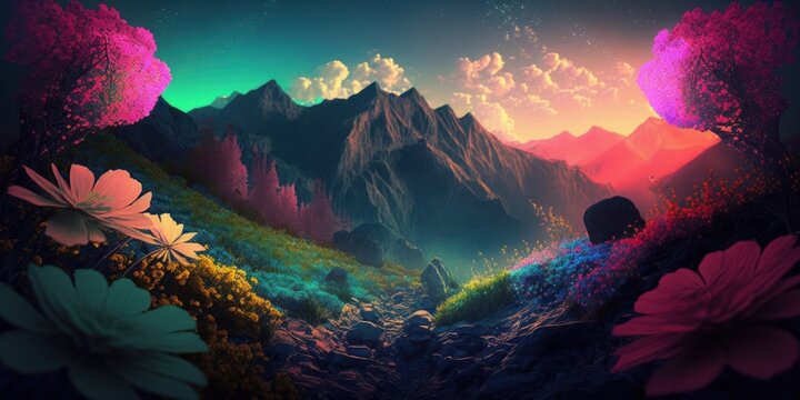Abstract colorful morning sunrise in mountains, vivid color flowers and the awakening of spring. Colorful vivid flora and fauna background. An amazing sight. Generative AI.