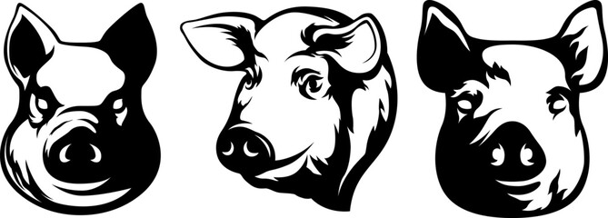 Pig head mascot. Swine logo. Hog illustration set.