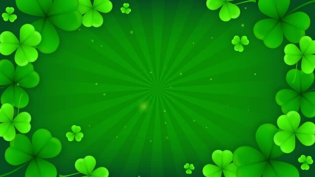 4K Shamrock with particles, Green clover leaves on rays background, St. Patrick's day frame animation