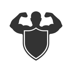 Strong man behind shield graphic icon. Healthy lifestyle and fitness symbol. Sign isolated on white background. Vector illustration