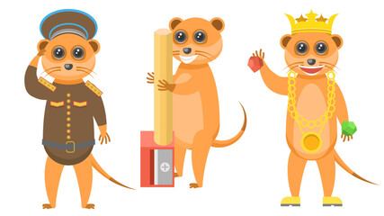 Set Abstract Collection Flat Cartoon Different Animal Meerkats Military Salutes, Sharpening A Pencil On A Sharpener, All In Gold Vector Design Style Elements Fauna Wildlife