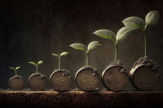 AI generated picture of seedlings on coins in farm
