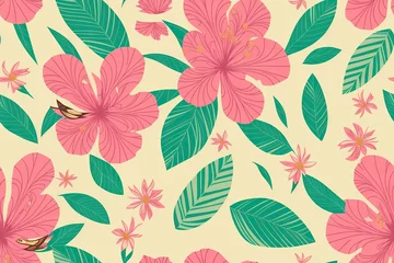 Gordijnen Seamless pattern with soft pink azalea flowers and green leaves on background, generative ai. Pastelle soft colors tribal background © Aleksandr