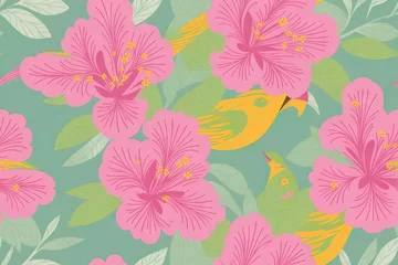 Poster Seamless pattern with soft pink azalea flowers and green leaves on background, generative ai. Pastelle soft colors tribal background © Aleksandr
