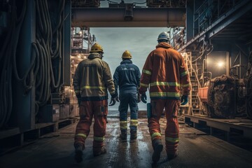 Offshore workers at work at an oilrig, made with generative ai