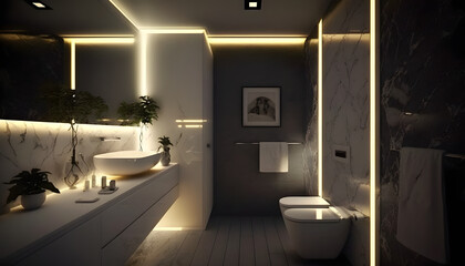 Modern and confortable bathroom illuminated by led strips, 3d render, Generative AI