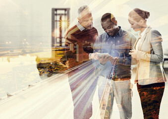 Taking the city through teamwork. Cropped shot of three businesspeople superimposed over a city.