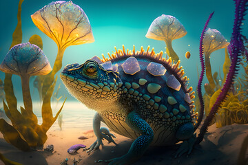 Obraz na płótnie Canvas Mesmerizing Close-up: Underwater Magic Mushroom and Water Turtle Encounter