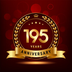 195th Anniversary logo design with golden number and laurel wreath for anniversary celebration event, invitation, greeting card, banner, poster, flyer, flyer. Logo Vector Template