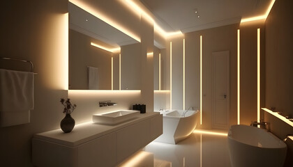 Modern and confortable bathroom illuminated by led strips, 3d render, Generative AI - obrazy, fototapety, plakaty