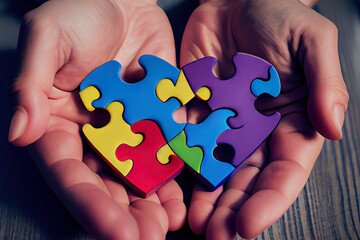 Adult and chiild hands holding jigsaw puzzle heart shape. Generative Ai