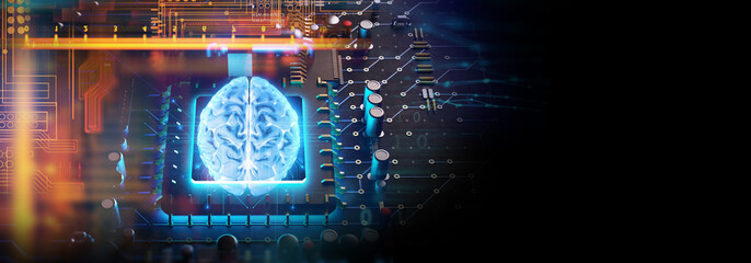 3d illustration of human brain  on artificial technology element banner.