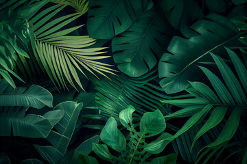 Leaves on black: Background image close up of tropical green plant leaves. Generative AI