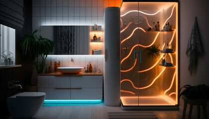 Modern and confortable bathroom illuminated by led strips, 3d render, Generative AI