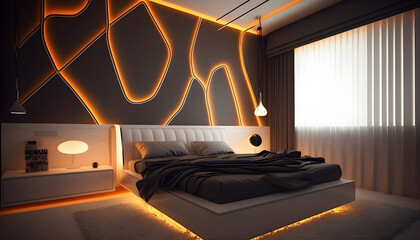 Modern and confortable bedroom illuminated by led strips, 3d render, Generative AI