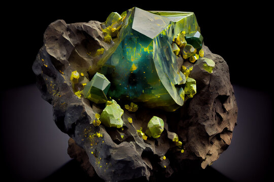 Uranium ore, a dark and foreboding image of a jagged rock face, riddled with veins of glittering yellow-green crystals. Generative AI