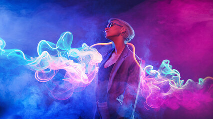 Neon close up portrait of young woman In suit and sunglasses. Psychic Wave - Cyber around smoke...