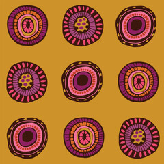 Abstract round shape shapes seamless pattern on yellow background. Paper, wallpapers, textiles. Hand drawn. Vector illustration