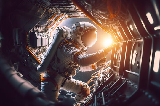 Astronauts work in outer space on the outer shell of the space orbital station. Generative AI