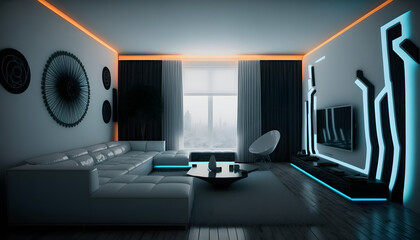Modern and confortable living room illuminated by led strips, 3d render, Generative AI