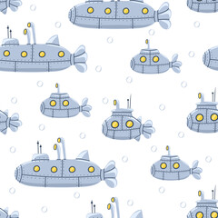Seamless pattern with submarine with periscope. Underwater transport. Modern print for fabric, textiles, wrapping paper. Vector illustration