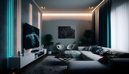 Modern and confortable living room illuminated by led strips, 3d render, Generative AI