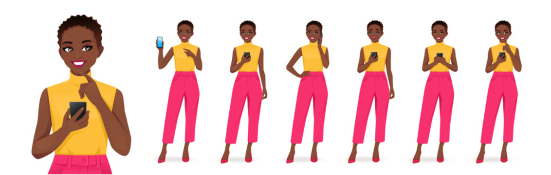 Young African American woman in bright colors clothes holding mobile phone, talking, texting and showing empty screen isolated vector illustration