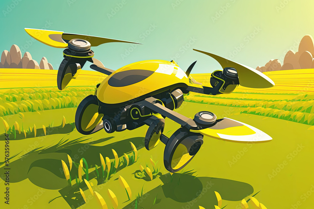 Poster drone taking off over a lush field. drones in agriculture a conceptual filming exercise. generative 