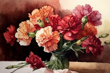Watercolor painting of carnations Mothers Day,Generative AI