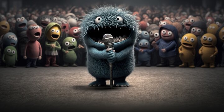 Cute monster speaks in front of an audience, fear of public speaking, emotions, psychology, generative ai