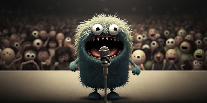 Cute monster speaks in front of an audience, fear of public speaking, emotions, psychology, generative ai