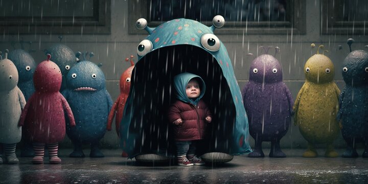 Kids, creatures, children in the rain, emotional, sadness, beeing left alone, breakup, divorce, generative ai