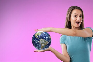 Young student woman hold world globe
