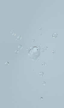Vertical Cosmetic essence, closeup liquid bubbles, molecules of liquid bubbles on the background. Real transparent water drips
