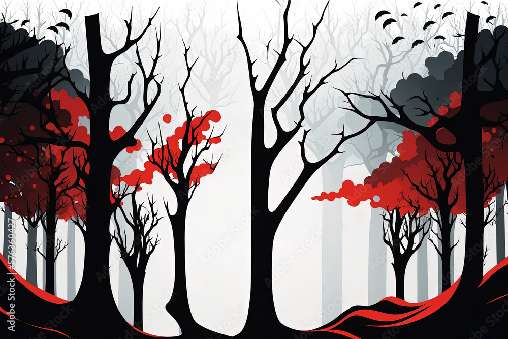 Poster background banner of a magical forest with giant trees. generative ai