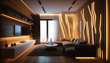 Modern and confortable wood living room illuminated by led strips, 3d render, Generative AI