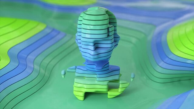 AI concept. Robot head with artificial intelligence. Rotating parts. Blue green plastic head pieces. Close-up. 