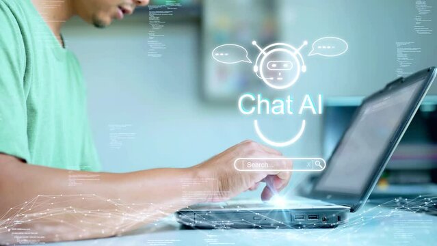 The concept of a person using a computer to connect to Chat AI technology to help process the required information. artificial intelligence intelligent assistant in cyber consulting inquiries.