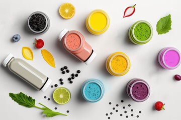 Obraz na płótnie Canvas Top view banner of colorful smoothie bottles, complete with a variety of fresh ingredients and a blender, set on a white wooden background. Conceptualization of a dietary plan based on a healthy lifes
