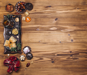 Ramadan table top view. Banner with traditional Arabic dishes, cup of tea and food sets