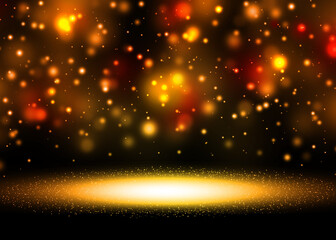 Dark Gold glitter lights show on stage with bokeh elegant lens flare abstract background. Dust sparks background.. - 576362498