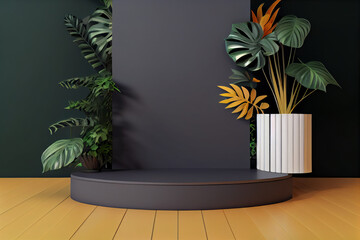 Wooden pedestal surrounded with plants for product presentation. Generative AI