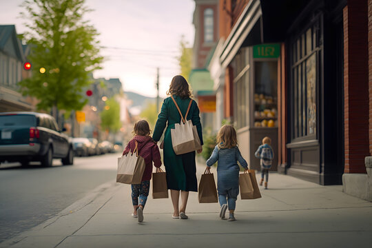 Rear view mother and daughters children walk along the city street with packages and bags with purchases of clothes and groceries. Family shopping with kids. Generative AI