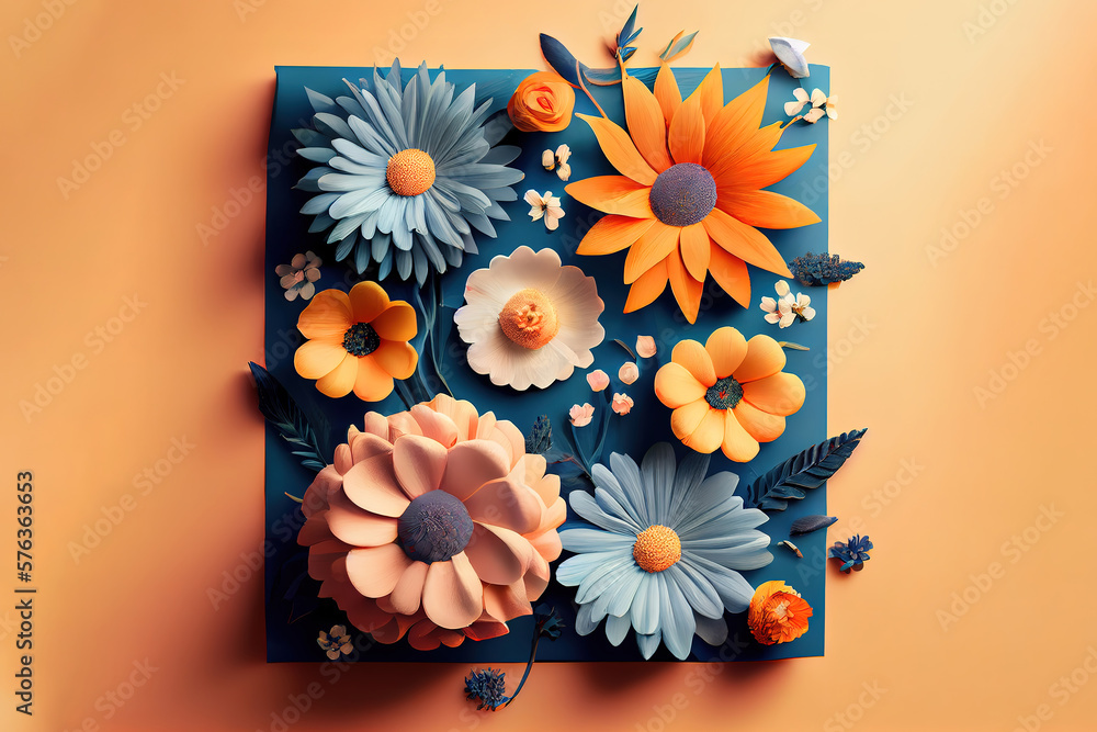 Poster top view composition of optimism concept with flowers. generative ai