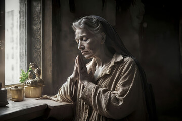 Praying Nation, Old woman with vintage dress praying at window, created with Generative AI technology