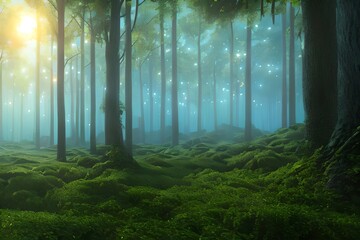 Mystical magical forest at night with glowing lights. Generative AI